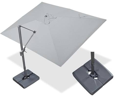 PURPLE LEAF Parasol Déporté 3 x 4 m avec Socle Lesté, Parasol de Jardin Extérieur en Aluminium à Manivelle Toile Anti-UV UPF 50+, Inclinable 6 Positions et Rotation 360°, Gris chiné clair