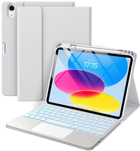 Vobafe Touchpad Hülle mit Tastatur für iPad A16 11 10 Generation 2025 2022 | 11/10,9 Zoll, Magnetische Abnehmbar Tastatur, 7 farbige beleuchteter, mit Stifthalter, QWERTZ Layout, Grau