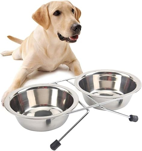 Envenzo Stainless Steel Double Pet Bowl Raised Feeding Station – Elevated Feeder with 2 Removable Bowls & Non-Slip Stand for Cats, Small & Medium Dogs