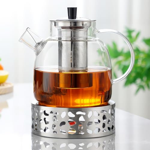 Weskjer Glass Teapot with Tealight Candle Holder,1500ml Tea Pot Infusers for Loose Tea,Teapot Warmer Glass Keeps Warm for a Long Tim,Stovetop Safe Tea Kettle for Coffee Food Tea