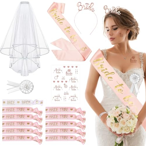 16 Stück Jga accessoires Frauen – Braut & Team Bride Armbänder, Tiara, Schleier, Schärpe, Abzeichen & Accessoires für Junggesellinnenabschied Frauen, Bride to Be