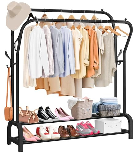 YORFULL Clothes Rail Metal Clothing Rack for Bedroom, Hanging Rail 110 * 33 * 148cm with 2 Shelf 4 Side Hooks, Clothes Hanger Coat Shoe Rack for Indoor Office Home