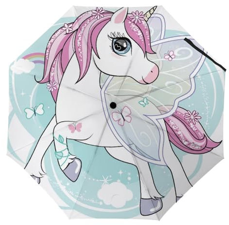 YBQLNP Kompakter Reise Regenschirm Niedliches Einhorn Taschenschirm Automatisch Auf Und Zu Faltbarer Sonnenschirm