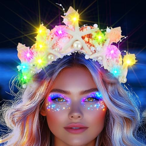 Handcess Diadèmes et couronnes lumineux en forme d'étoile de mer et de coquillages à LED pour femme