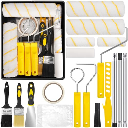 Kit de 19 Pièces Comprenant Rouleaux à Peinture, Bacs à Peinture, Supports pour Rouleaux, Pinceaux, RRuban Adhésif, Housse de Protection, Mélangeur, Spatule pour Peindre et Rénover les Murs