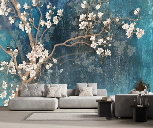 Fototapete Blaue Retro Ölgemälde Blumen 200x140cm Tapete Kinderzimmer Vliestapete Wohnzimmer Schlafzimmer Wandtapete Deco -ZXCHEE-MZ00443