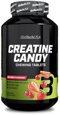 BioTechUSA Creatine Candy | Fruktiga tuggtabletter med 3 g mikroniserat kreatinmonohydrat | Ökar muskelstyrka och prestationsförmåga | Vegansk, 240 tabletter, Rödbär | Fruktiga tuggtabletter | Kreatin ökar fysisk prestanda | Vegan | 240 tabletter, Röda frukter