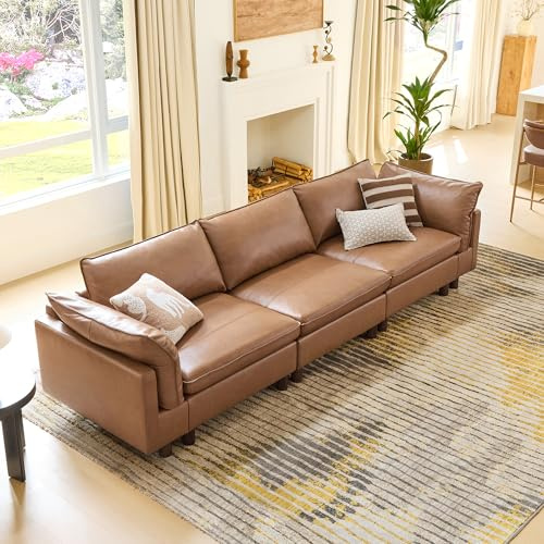 CHITA 127 Super Large Sectional Couches for Living Room, Modular Cloud Couch Sectional Sofa, Premium Genuine Leather Sofa, Down Filled, High Density Foam, Real Leather in Saddle, 3 Seater