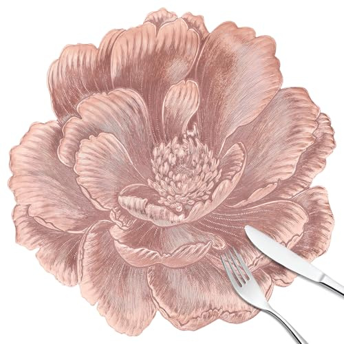 fanquare Tovagliette Rotonda PVC Oro Rosa a Forma di Fiore di Peonia Eleganti 6 pezzi,38cm Tovaglietta da Tavola Lavabile per Decorazione Cucina Sala da Pranzo