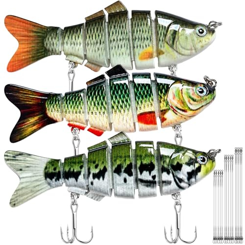 DONQL 3 Pièces Leurre Peche Carnassier, Leurres Articulés Pêche 6 Segments, Leurres de Pêche avec 3 Fil Métallique, Appât Artificiel avec Hameçons Triples pour Brochet Truite Perche Eau Douce Salée