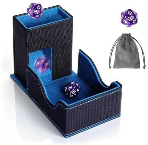Dice Roller Tower & Dice Bandeja, Torre de dados magnética plegable y caja de dados, accesorios para Dungeons and Dragons MTG Commander Juegos de Mesa y Juegos de Rol Piel Sintética, Negro y Azul