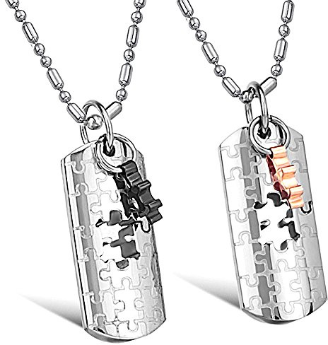 Kim Johanson Pärchen Halsketten Puzzle Love für verliebte aus Edelstahl in Silber mit Roségold & Schwarz inkl. Schmuckbeutel
