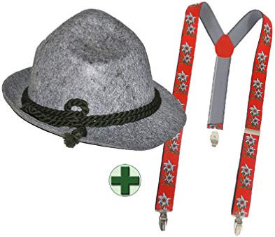 Karneval-Klamotten Oktoberfest Hut Herren Bayern Hut Herren grau mit Kordel grün aus Filz mit Hosenträger rot Edelweiß Oktoberfest
