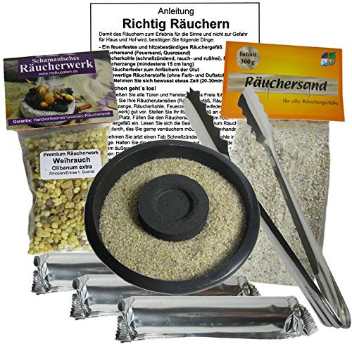 Räuchern-Starter-Set 8-TLG für jedes Räucherwerk MIT Weihrauch Olibanum 30 Tabs Räucherkohle + Räucherzange + Naturstein Räucherschale + Räuchersand + Räucheranleitung. 81116-1S
