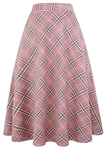 Falda Larga de Lana a Cuadros para Mujer, para Invierno, otoño, cálida, Cintura Alta elástica, Acampanada, Plisada, de Lana Escocesa, Rosado, M