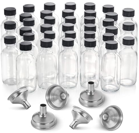 36 Pack, 2 oz Small Clear Glass Bottles w/ Lid & 6 Stainless Steel Funnels - 60ml Boston Sample Bottles - Mini Travel Essential or Decorative Bottles for Potion, Juice, Wellness, Ginger Shots, Whiskey