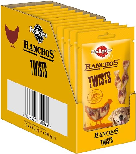 Pedigree Ranchos Twists – Weicher Hundesnack mit Huhn – Schonend getrocknet – Ideal für kleine und große Hunde, 12 x 40g