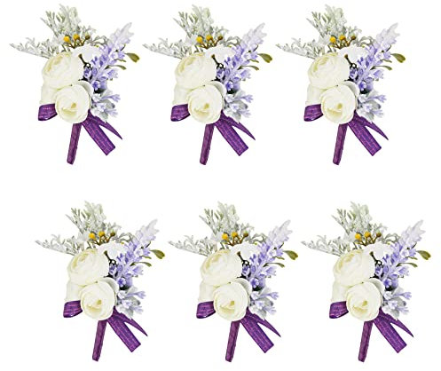 Meldel Lila Ansteckblume für Herren, 6er-Set, Bräutigam und Trauzeugen, Boutonniere mit künstlicher Blume Lavendel für Hochzeit, Jahrestag, formelle Dinner-Party, Herbst, Vintage, rustikal, Hochzeit,