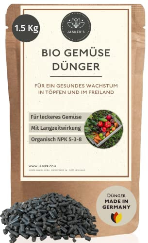 Bio Gemüsedünger Langzeit 1.5 Kg - 100% Organischer Gemüse Dünger mit Vinasse & viel Kalium - Bio Dünger für Gemüse, Salat, Paprika, Gurken, Chilis & mehr - Ideal als Hochbeet-Dünger
