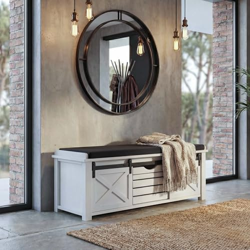 Mendler Sitzbank mit Staufächern HWC-H53AM 43x102x33cm Massiv-Holz - weiß | Polsterbank, Sitz-Kommode, Shabby-Look, Metall, Stoff