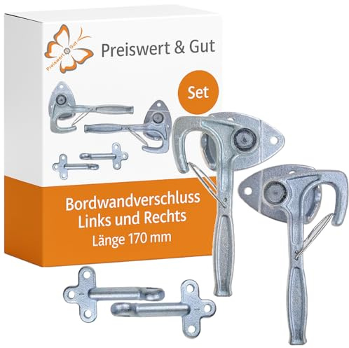 Preiswert&Gut Bordwandverschluss mit Federsicherung – Links & rechts – Hakenverschluss, L: 170 mm, Einbauhöhe ca. 35 mm – Klappenverschluss für Anhänger, Gartentor & Pferdebox