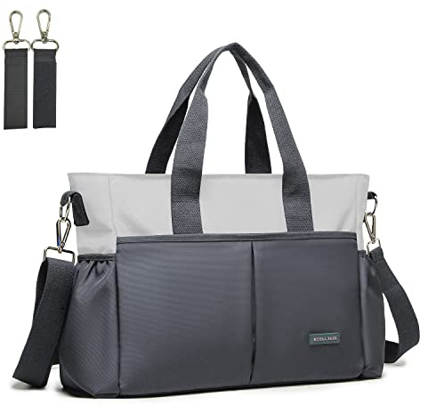 ROYALFAIR Wickeltasche, Baby-Wickeltasche für Mama und Vater, tragbare Kuriertasche mit Kinderwagen-Clips, Mutterschafts-Wickeltasche, Reisetasche, grau, 40x28 x12.8 CM, Tragetasche