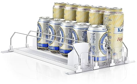 OTraki Drink Organizer for Fridge, 3 Rows Soda Can Drink Dispenser for Refrigerator Space-Saving Can Holders Dispenser with Automatic Pusher Glide and Adjustable Width, Hold up to 15 Cans, Clear