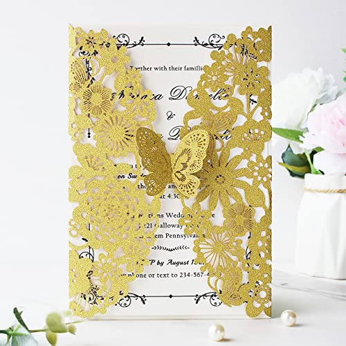 Hosmsua 20 x inviti di nozze Glitter Dorati con Taglio Laser Farfalla Pizzo Flora e Buste per Compleanno, Matrimonio, Fidanzamento, biglietti inviti matrimonio (20 pezzi)