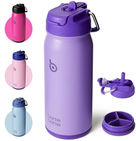 BOTTLE BOTTLE Stainless Steel Kids Water Bottle 16oz(470ml) Insulated Sports Water Bottle with Straw and Pills Holder for Gifts and School（Purple）