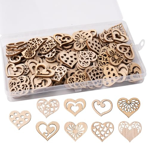 FRUHLING Holzherzen Deko, 100 Stück, Herz Holz Scheiben, 3 cm, 9 Muster | Holz Herzen Hochzeit, Holzherzen zum Basteln, Für Geschenkanhänger Geburtstag Taufe Valentinstag Hochzeitsdeko Tisch