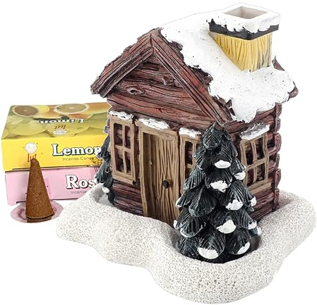 Lovely Log Cabin Incense Burner, Mini Snowy Winter Chimney Cottage Ash Catcher, Yoga Accessories Meditation Accessories, Home Chimney Decorations, 20 Pcs Handmade Incense Cones