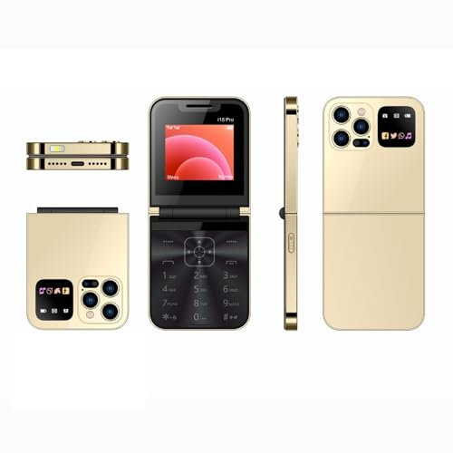 AZUIQiMeng Mini i15 Pro Desbloqueado Celulares 2024, Teléfonos Móviles Pequeño, Teléfono Móvil con Solapa para Ancianos, Dual Sims, 1000mAh, 1.8 Inch (Dorado)