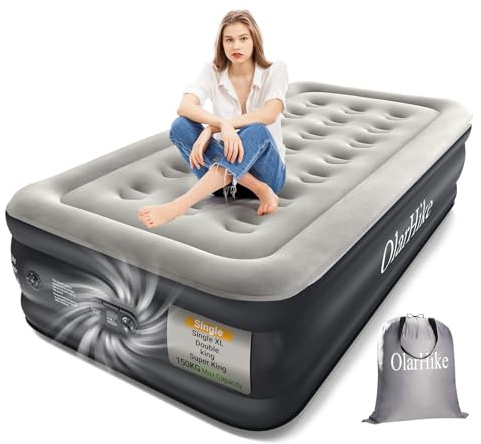 OlarHike Single Airbed, Inflatable Air Mattress with Built-in Pump, Blow Up Bed, Self Inflating Folding Guest Air bed with Flocked Surface For Camping & Home Use, 190cm L x 90cm W x 46cm H(Black)