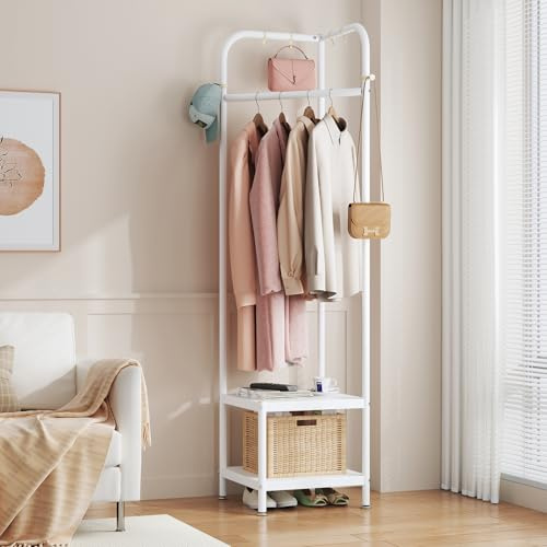 ZHYOCOGY Porte-manteau 190 cm, porte-manteaux et chaussures en métal, tringle à vêtements d’angle avec 2 étagères et 6 crochets, tringle à vêtements compacte pour chambre, couloir, entrée (Blanc)