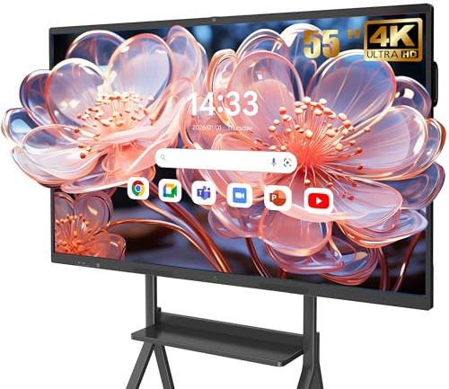JASZDOT Interaktives Whiteboard 55 Zoll Smartboard, 4K UHD Touchscreen Android 14, 8 GB RAM 128 GB ROM für Klassenzimmer & Büro, WiFi, Bluetooth, HDMI, Kamera, Mikrofon inkl. Wandhalterung