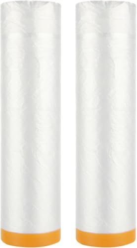 AHAQU 2 Rolls Plastic Dust Sheets for Decorating, 4m x 20m Large Plastic Sheet Rolls, Waterproof Plastic Sheeting, Pre-Taped Plastic Drop Film for Furniture & Carpet Protector, Clear