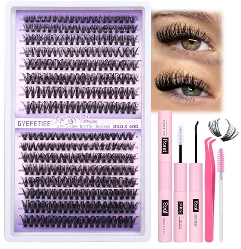 GVEFETIEE Wimpernverlängerung Set 320Pcs Cluster Lashes 30D+40D Einzelne Wimpern mit Lash Bond and Seal Wimpern Pinzette Bürste (0.07D-9-16MIX KIT)