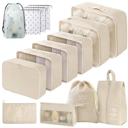 Arrangör för resväska, 14 stycken vattentäta packkuber, multifunktionella resepackkuber, bagagearrangör packpåsar för resväskor, researrangör set med klädväskor (beige)