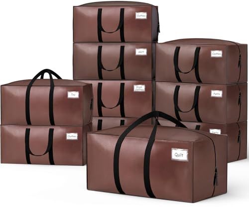 VOUNOT® Pack de 10 Bolsas de Mudanza Grandes con Asas y Correas de Mochila, Bolsas de Almacenamiento Resistentes para Guardar Ropa y Embalar, Marrón
