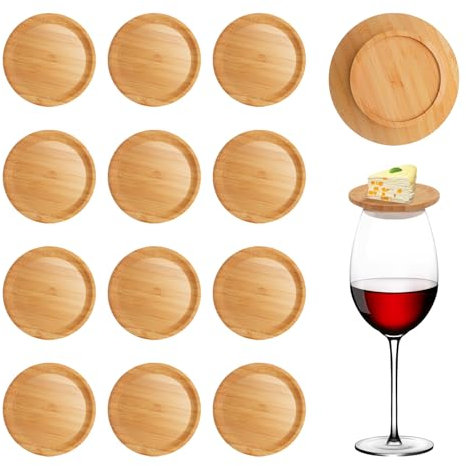 PWGHWG 12 Piezas Wine Glass Charcuterie Topper Redondo Madera Copa de Vino Decorar Wine Glass Attachment Wood Adecuado para Copas de Vino Postres Bebidas Velas Accesorios para Fiestas Posavasos