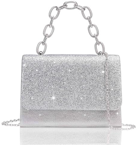 Toptime Clutch Silber, Glitzer Kleine Umhängetasche Damen mit Tragegriff, Pailletten Handtsche Damen Klein mit Abnehmbare Metallkette, Elegant Abendtasche Silber für Abschlussball, Hochzeit, Party