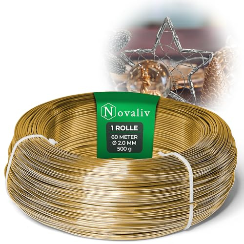 Novaliv 60 Meter Aluminiumdraht 2mm Gold, Basteldraht ideal als Biegedraht zum basteln, Vielseitig für DIY-Projekte und Dekorationen, 60m Rolle Dekodraht, Blumendraht, kein Schmuckdraht