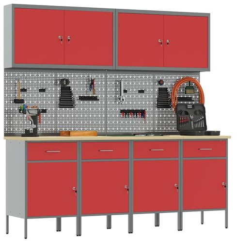 vidaXL Armadio da Lavoro Industriale con Cassetto E Porta Altezza Regolabile in Acciaio E Legno Ingegnerizzato Rosso Grigio Storage Attrezzi 12 Scomparti unità Garage