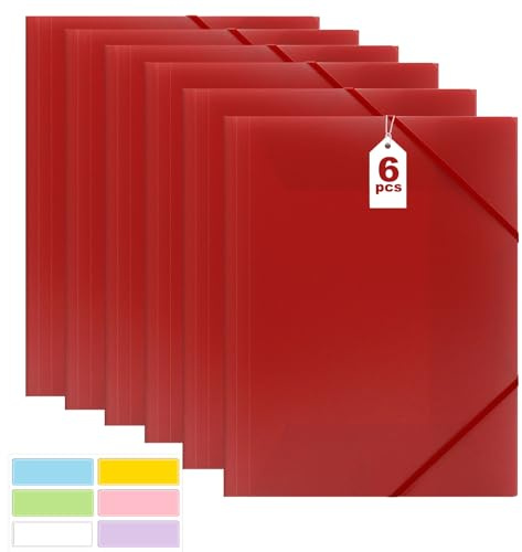 Dokumentenmappe A4, Sammelmappe 6 Stück, Postmappe A4 Schule, PP Kunststoff Ordnungsmappe Pultordner mit Gummizug, für Schule Bürobedarf (Red)