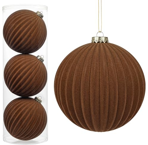 Hollyone 3 Stück Große Weihnachtskugeln aus Samt Braun, 15cm Flockige Christbaumkugeln, Bruchsicherer Dekorativer Hängende Ornamente für Weihnachtsbaum Feiertage Party Weihnachtsdeko