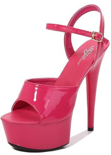 Ichlovdu Sandali sexy da donna con tacco alto, 15 cm, a spillo con plateau da 5 cm, con punta aperta, eleganti scarpe per feste e palcoscenico, rosso rose, 41 EU