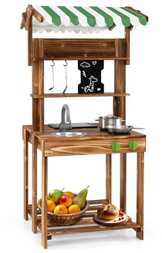 COSTWAY Cocina de Barro de Doble Cara, Cocinita Infantil de Madera con Toldo, Pizarra, Fregadero y Grifo, Cocina para Juegos de Exterior con Accesorios para Niños y Niñas de 3+ Años