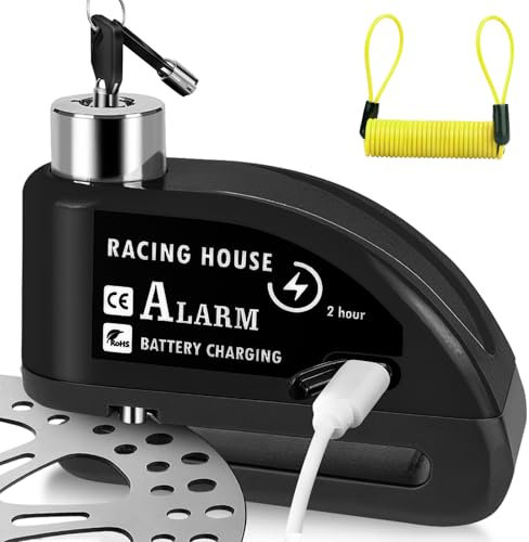 kodivenj Motorbike Disc Lock, Rechargeable Alarm Disc Brake Lock 110db with Reminder Cable, High Security Anti Theft Brake Disc Lock for Motorcycle Bike Moped Motocross (Black)