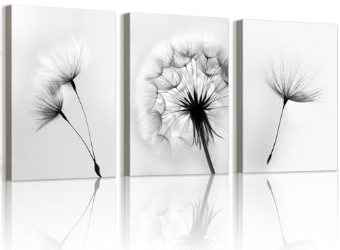 WENGTIAO 3 Stück Löwenzahn Leinwand Bilder Kunstdrucke Gerahmtes Bild | Schwarz Weiß Floral Gemälde auf Leinwand Moderne Minimalistisch Wandbilder für Wohnzimmer Schlafzimmer Wanddeko 30x40cmx3