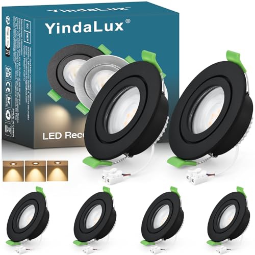 YindaLux 6x Foco empotrable LED 230V IP65 2700K Luz cálida 5W 550LM Spot de techo Negro Plano Spot LED 230V Taladro 68mm Luz empotrada para baño GU10 Spots empotrable, No regulable